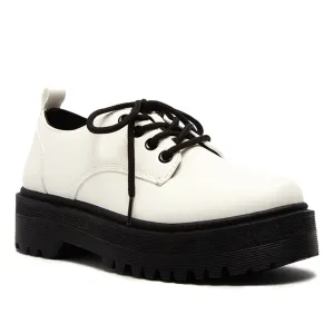 SOBEYO Women's Platform Oxford Lace-up 4 Eyelets Shoes White Nappa