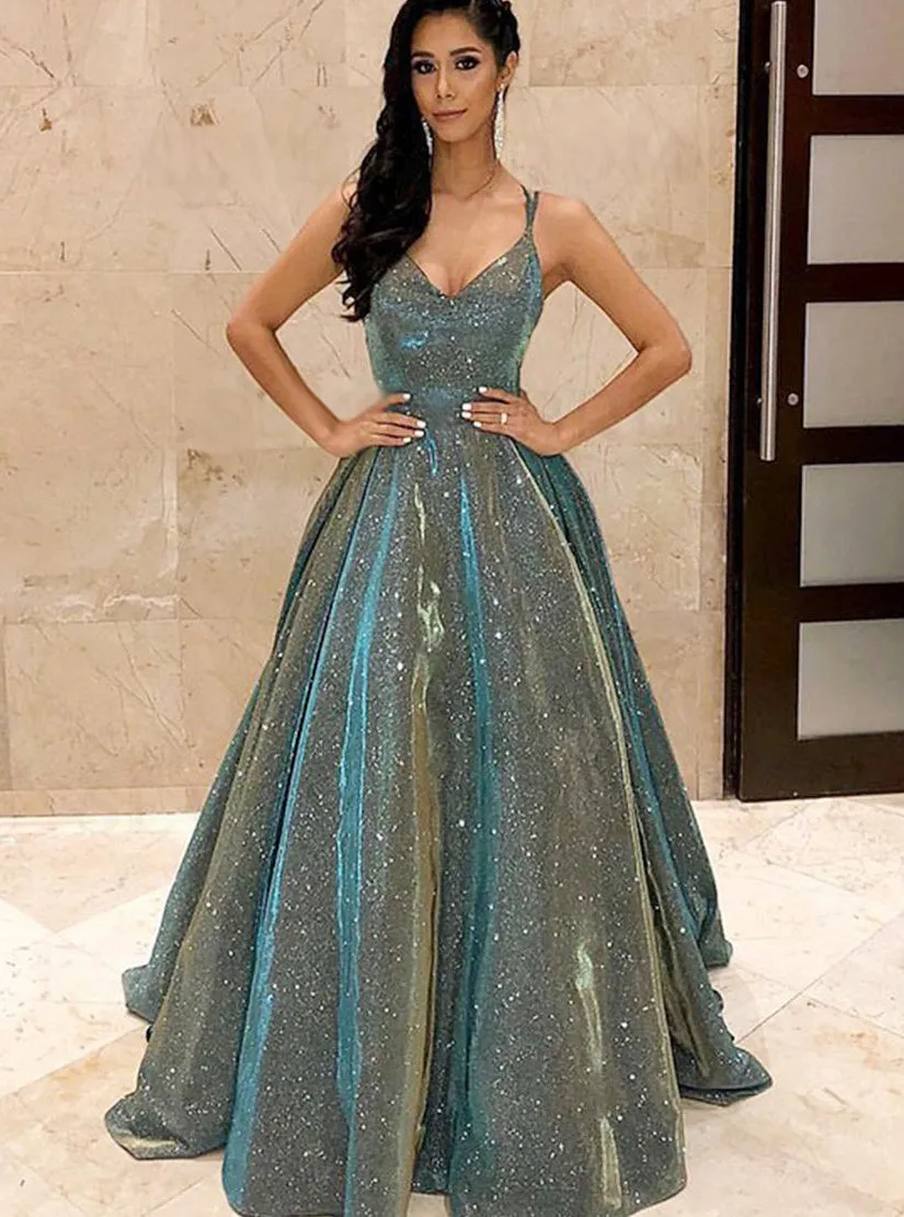 Sparkly Spaghetti Straps Prom Dress Backless Ball Gown