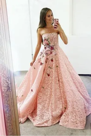 Strapless Pink Lace Long Ball Gown with Floral Embroidery Cheap Prom Dresses PFP0510