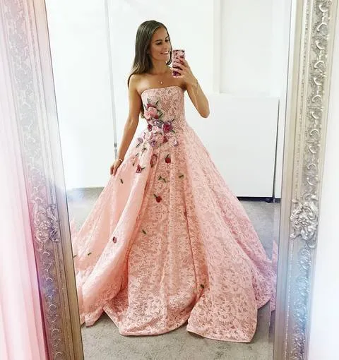Strapless Pink Lace Long Ball Gown with Floral Embroidery Cheap Prom Dresses PFP0510