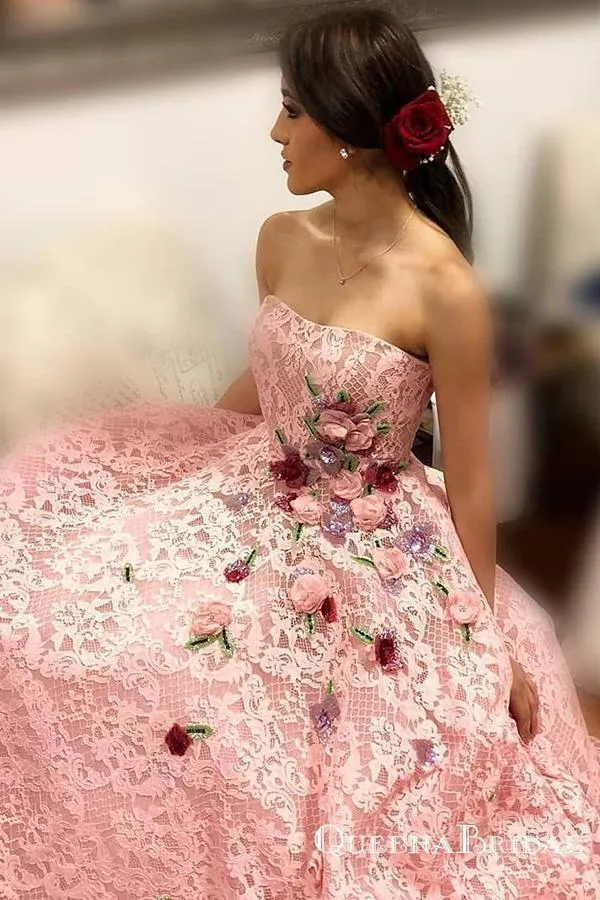Strapless Pink Lace Long Ball Gown with Floral Embroidery Cheap Prom Dresses PFP0510