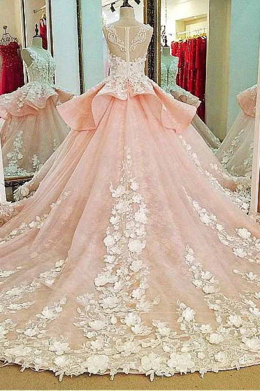 Tulle Lace Scoop Neckline Ball Gown Wedding Dress With Lace Appliques,Quinceanera Dresses PFW0153