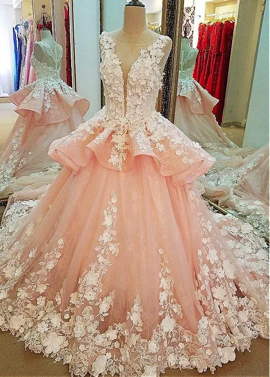 Tulle Lace Scoop Neckline Ball Gown Wedding Dress With Lace Appliques,Quinceanera Dresses PFW0153