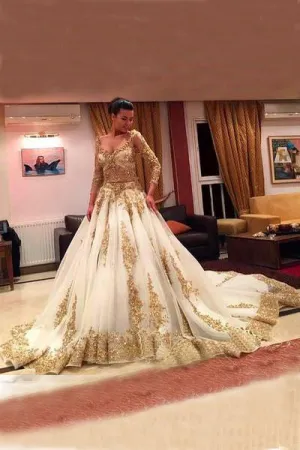 V-Neck Prom Dresses With Appliques,Long Sleeves Ball Gown Wedding Dresses With Chapel Train PFW0210