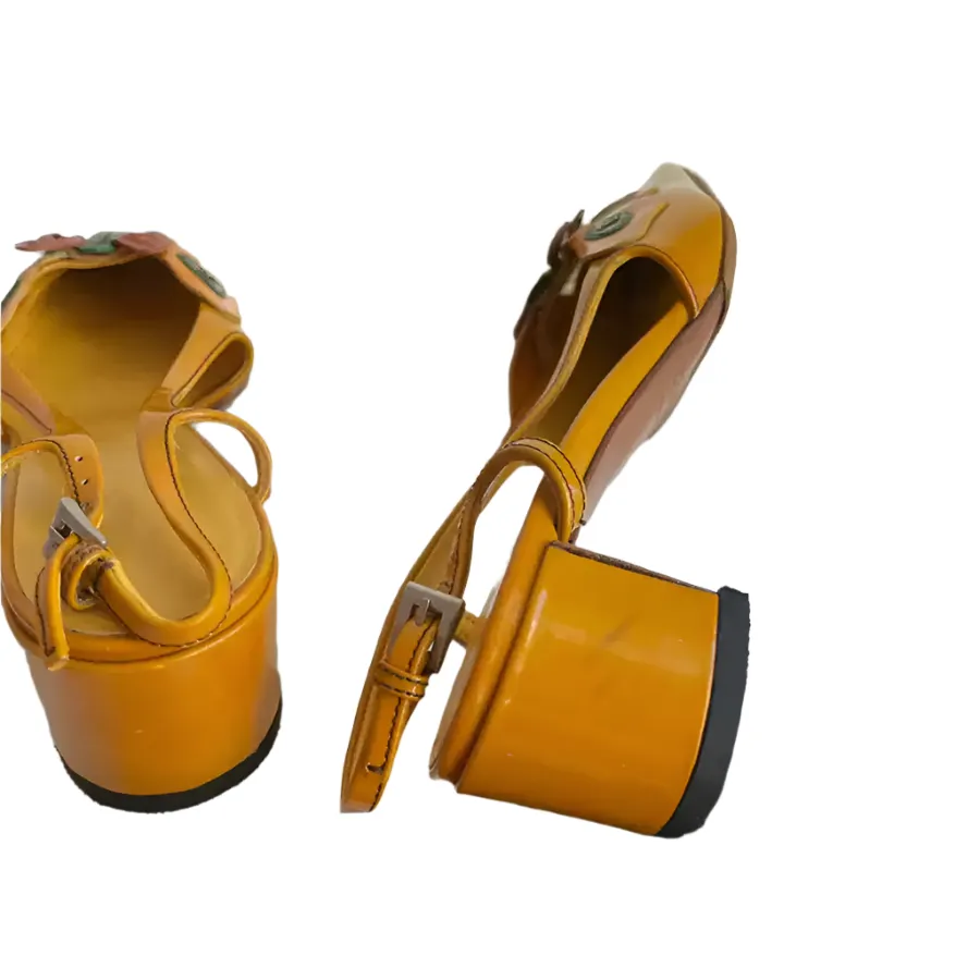 Vintage-Inspired Orange Closed-Toe Sandals with Buckle Strap - Handmade Chunky Heel Summer Footwear