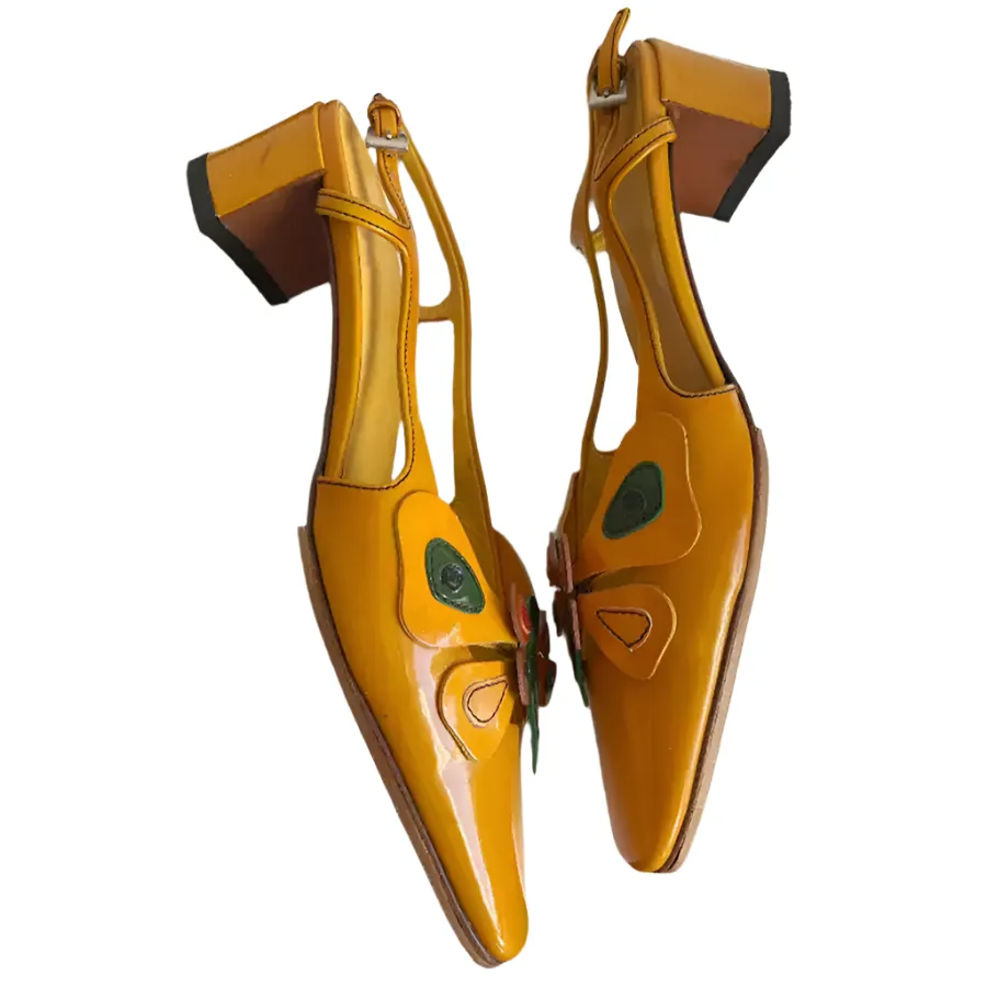 Vintage-Inspired Orange Closed-Toe Sandals with Buckle Strap - Handmade Chunky Heel Summer Footwear