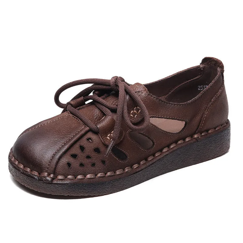 Women Retro Hollow Leather Soft Flat Casual Shoes