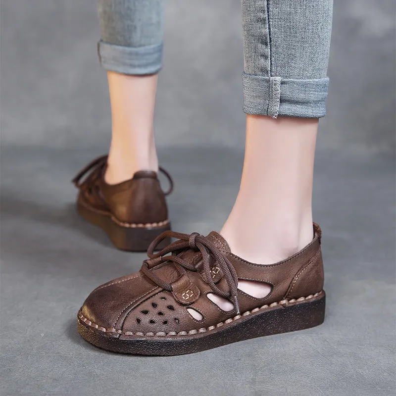Women Retro Hollow Leather Soft Flat Casual Shoes