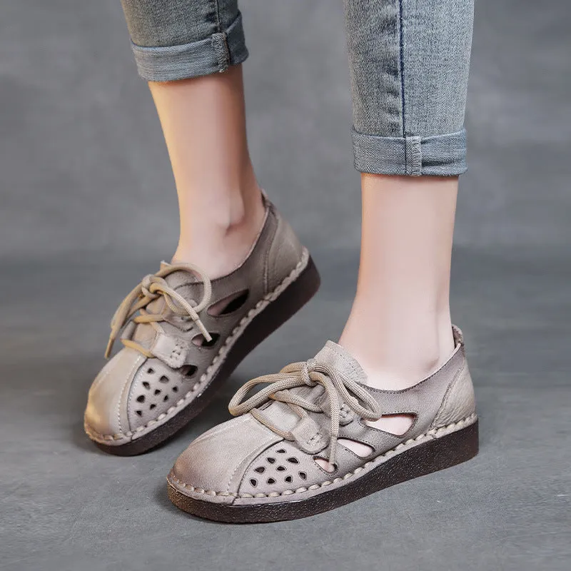 Women Retro Hollow Leather Soft Flat Casual Shoes