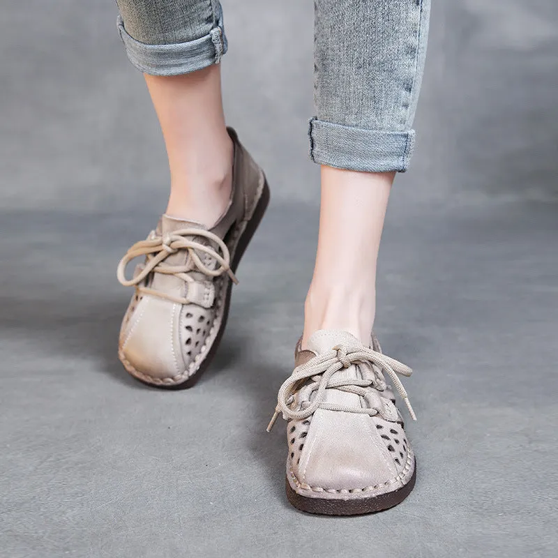 Women Retro Hollow Leather Soft Flat Casual Shoes